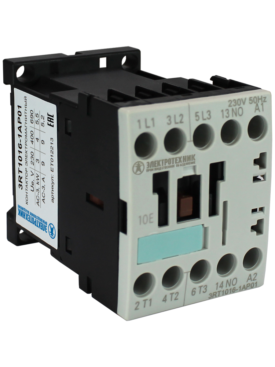 3RT1016-1AP01, 3-пол., 9A, AC-3, 4кВт/400V, 1НО, 230V AC, 50/60Гц, типоразмер S00, винтовые клеммы, IP20, контактор электромагнитный  (ЭТ)