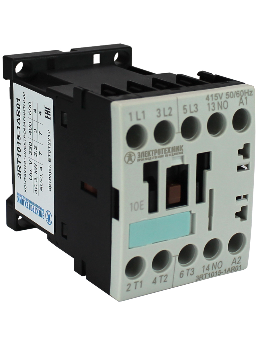 3RT1015-1AR01, 3-пол., 7А, AC-3, 3кВт/400V, 1НО, 415V АС, 50/60Гц, типоразмер S00, винтовые клеммы, IP20, контактор электромагнитный  (ЭТ)