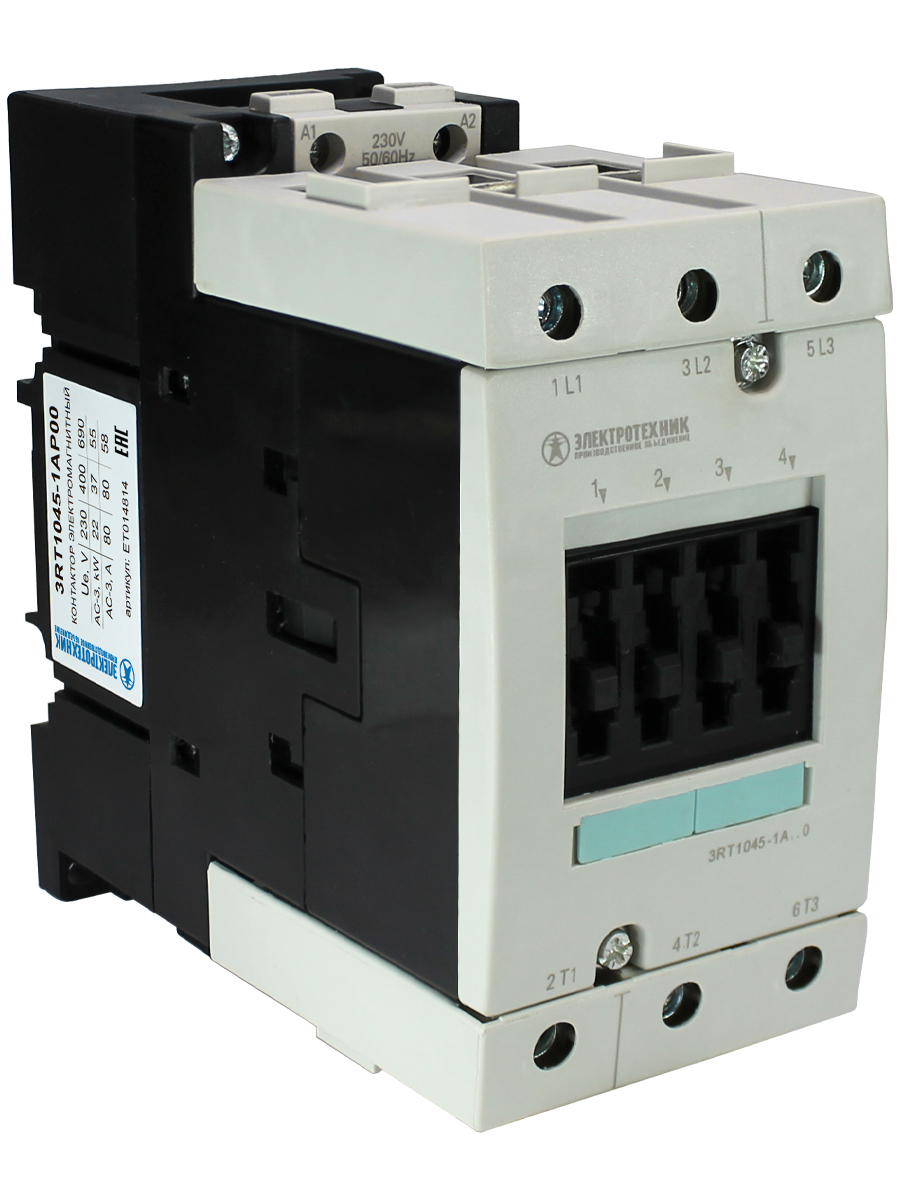 3RT1045-1AP00, 3-пол., 80A, AC-3, 37кВт/400V, 230V AC, 50/60Гц, типоразмер S3, винтовые клеммы, IP20, контактор электромагнитный  (ЭТ)