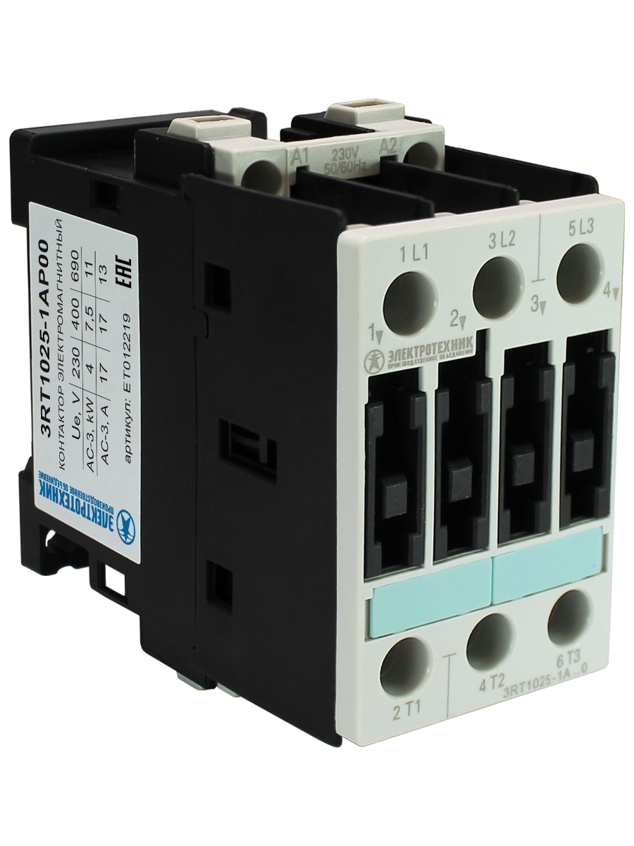 3RT1025-1AP00, 3-пол., 17A, AC-3, 7,5кВт/400V, 230V AC, 50/60Гц, типоразмер S0, винтовые клеммы, IP20, контактор электромагнитный  (ЭТ)