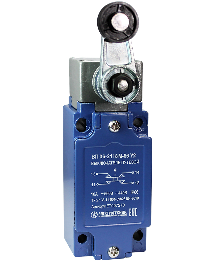 ВП 36-2118М-66 У2 (XCKJ10511H29),рычаг с пласт.роликом,1з+1р,мгнов.,30х60мм,б/сальн.,3А,IP66 (ЭТ)