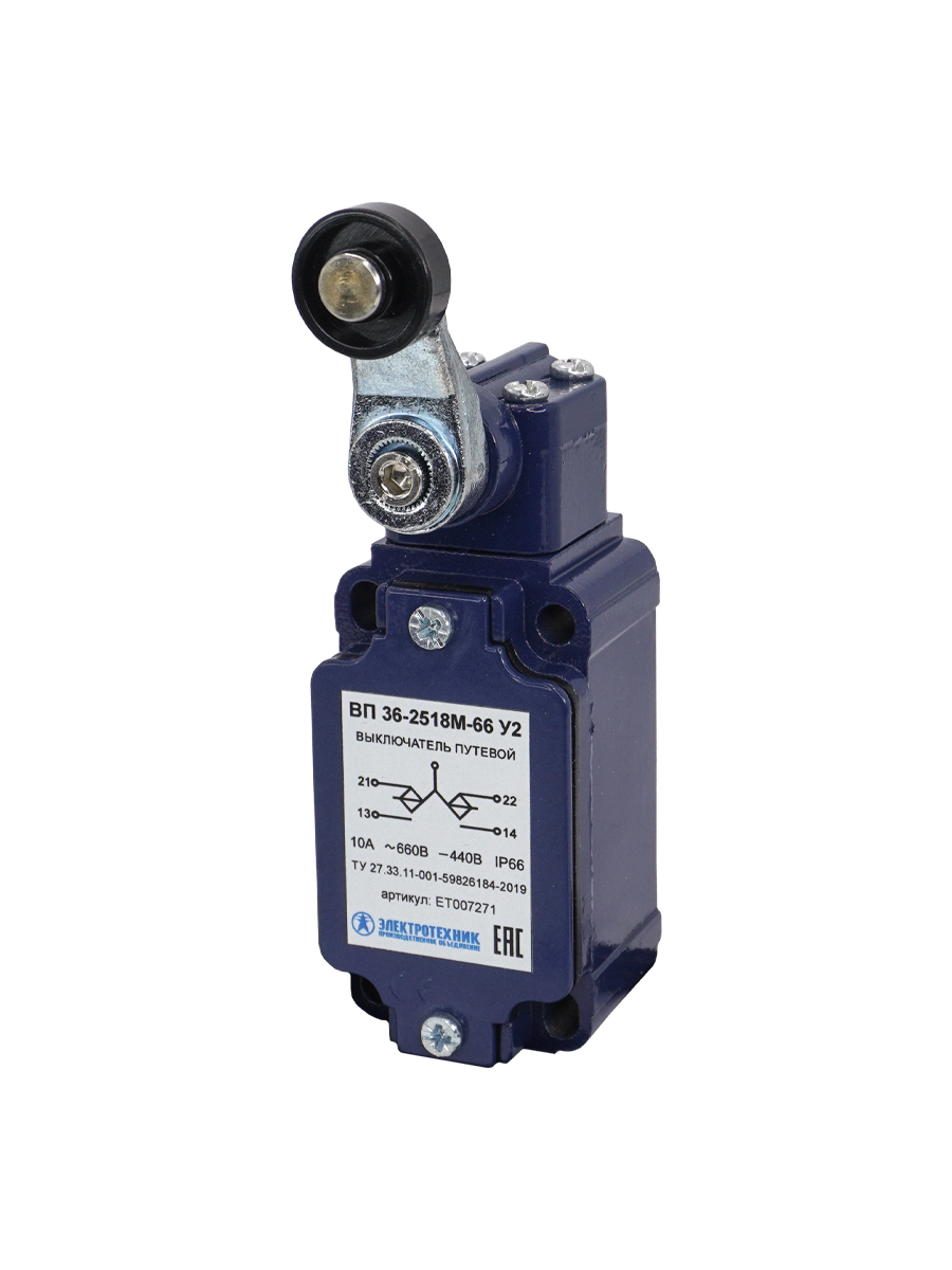 ВП 36-2518М-66 У2 (XCKJ50511H29),рычаг пластик.ролик,1з+1р,полумгнов.,30х60 мм,б/сальн.,3А,IP66 (ЭТ)